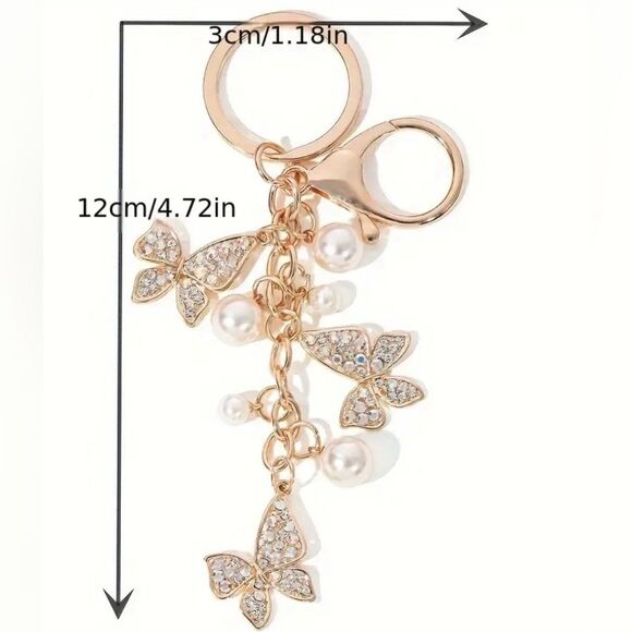 BAG CHARM Crystal Triple Butterfly Pearls Keychain - Picture 4 of 4